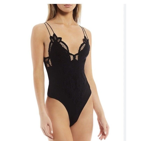 Free People Adella Lace Bodysuit  XL Thong Snap Closure NWT New Black - Picture 1 of 8